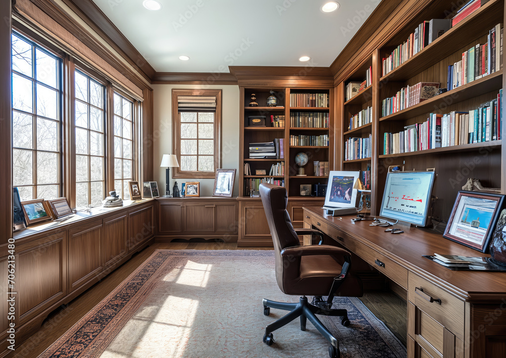 Spacious Home Office with Ergonomic Furniture and Decorative Items for Productive Work | Real Estate Inspection and Assessing Condition | Adobe Stock Photo