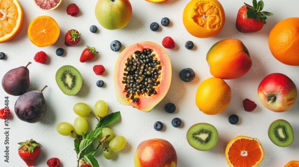a variety of fruits are arranged on a white surface, including oranges, kiwis, grapes, and strawberries. a variety of fruits are arranged on a white surface, including oranges, kiwis, grapes, and strawberries.
