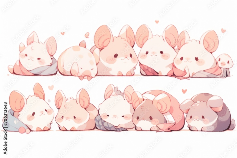  a group of little mouses sitting next to each other on top of a white surface next to each other.