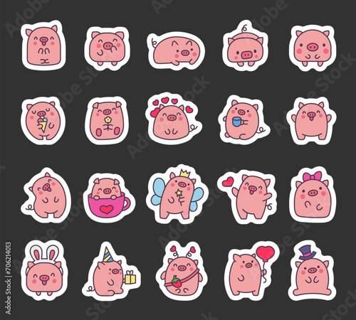 Cute kawaii little pig. Sticker Bookmark. Smiling nice cartoon animal character. Hand drawn style. Vector drawing. Collection of design elements.