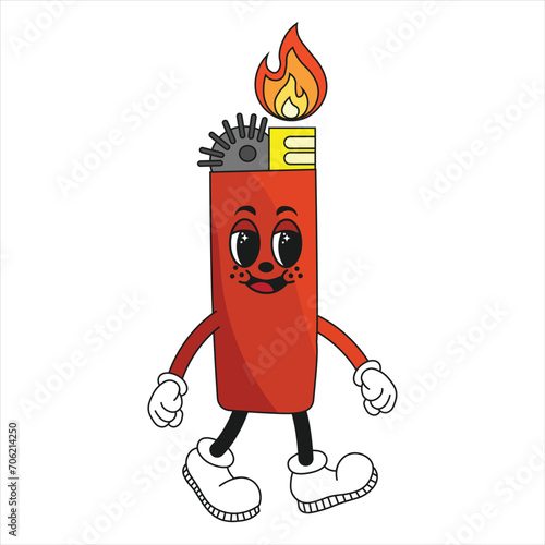 Retro groovy style lighter isolated on a white background. Smoking device in psychedelic vintage style. Groovy character. Vector illustration, editable stroke. Smoking accessories, fire