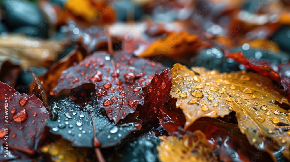 a close up of a bunch of leaves with drops of water on them and one of the leaves is yellow and the other is red. a close up of a bunch of leaves with drops of water on them and one of the leaves is yellow and the other is red.