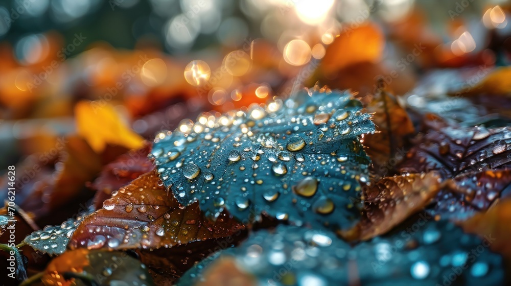 a close up of a bunch of leaves with drops of water on them and the sun shining in the background. a close up of a bunch of leaves with drops of water on them and the sun shining in the background.