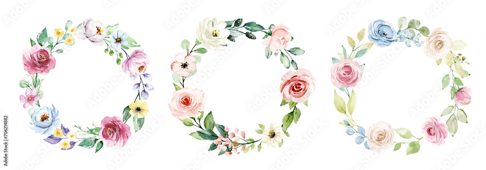 Wreaths, floral frames, watercolor flowers roses, peonies. Illustration hand painted. Isolated on white background. Perfectly for greeting card design.