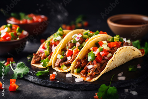 Mexican tacos with beef in tomato sauce and salsa Generative AI