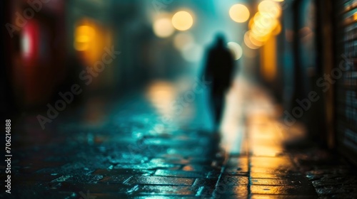  a blurry image of a person walking down a street at night with a street light in the back ground.