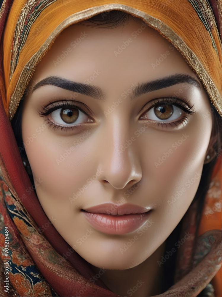 Beautiful Muslim woman smiling and laughing wearing a hijab and decorated shawl Beautiful Muslim woman smiling and laughing wearing a hijab and decorated shawl