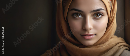 Beautiful Muslim woman smiling and laughing wearing a hijab and decorated shawl