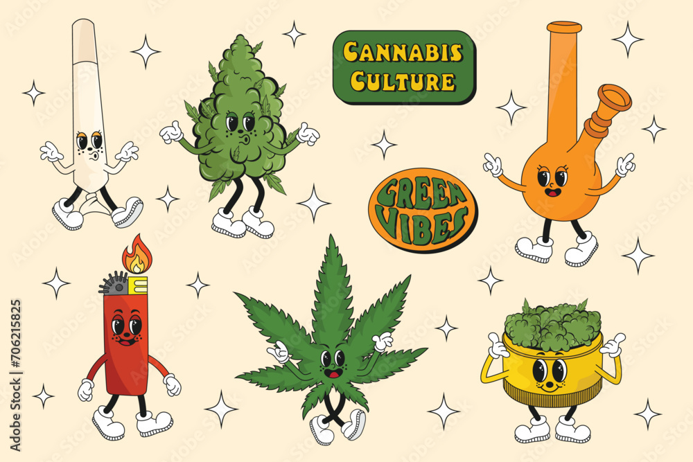 Fototapeta premium Collection of groovy retro characters. Cannabis, weed, marijuana, bong, lighter, bud, greender, joint, blunt. Cannabis culture. Set of psychedelic drug characters. 70s, 80s, 90s hippie vibe. Vector. 