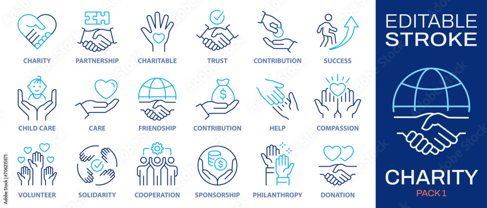 Charity icons, such as handshake, heart, donate, trust, volunteer and more. Vector illustration isolated on white. Editable stroke. - obrazy, fototapety, plakaty 