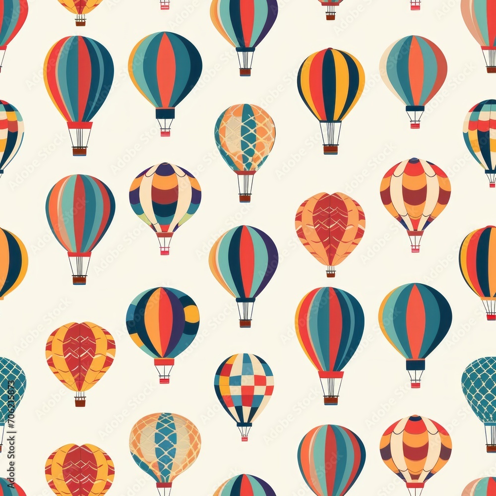 Seamless Patterns for prints | Hot Air Balloon Meadow 2D Illustration: A meadow filled with hot air balloons, each showcasing unique patterns and colors against a clear sky.