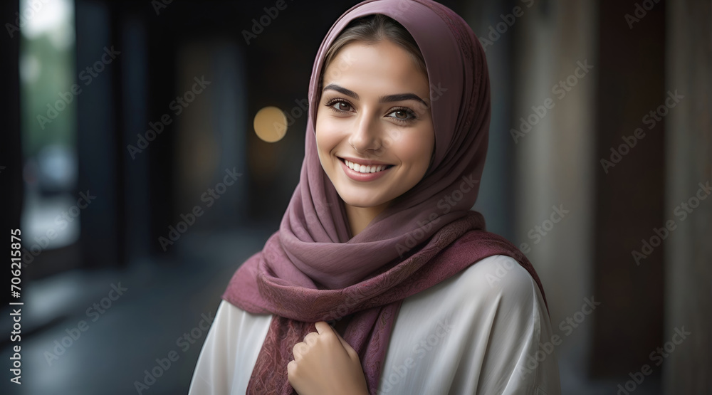Beautiful Muslim woman smiling and laughing wearing a hijab and decorated shawl Beautiful Muslim woman smiling and laughing wearing a hijab and decorated shawl