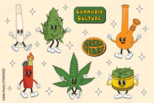 Collection of groovy retro characters. Cannabis, weed, marijuana, bong, lighter, bud, greender, joint, blunt. Cannabis culture. Set of psychedelic drug characters. 70s, 80s, 90s hippie vibe. Vector. 