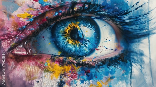  a painting of a blue eye with multicolored paint splatters all over it's face and eyeball.