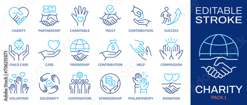 Charity icons, such as handshake, heart, donate, trust, volunteer and more. Vector illustration isolated on white. Editable stroke. photo