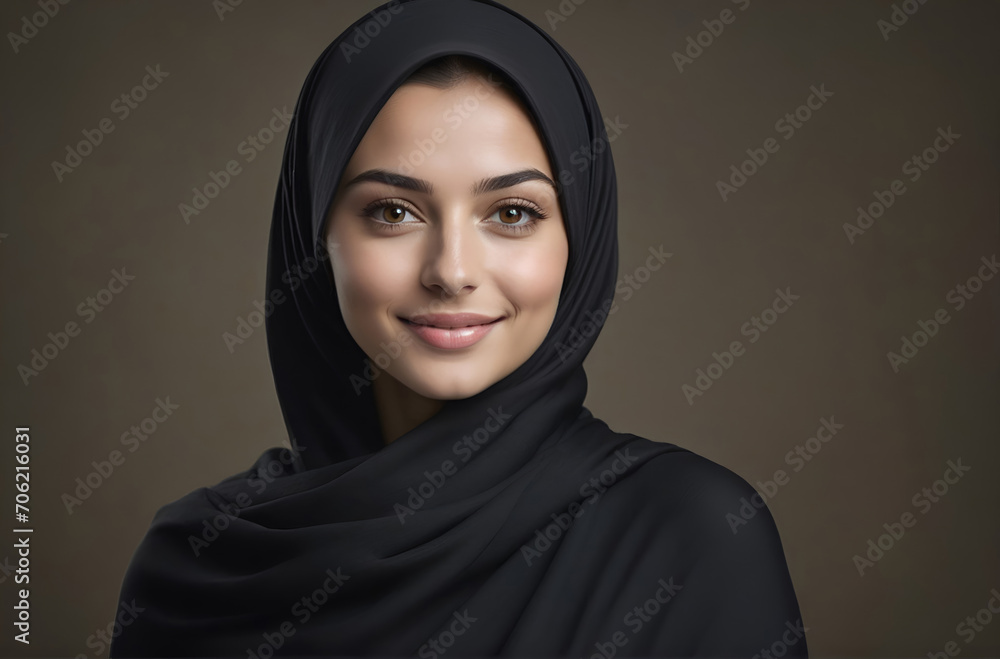 Beautiful Muslim woman smiling and laughing wearing a hijab and decorated shawl Beautiful Muslim woman smiling and laughing wearing a hijab and decorated shawl