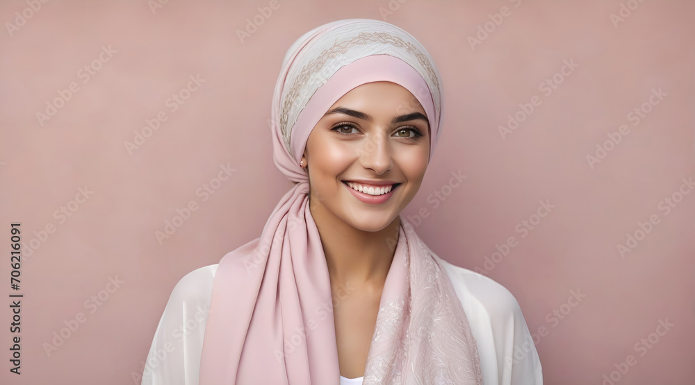 Beautiful Muslim woman smiling and laughing wearing a hijab and decorated shawl Beautiful Muslim woman smiling and laughing wearing a hijab and decorated shawl