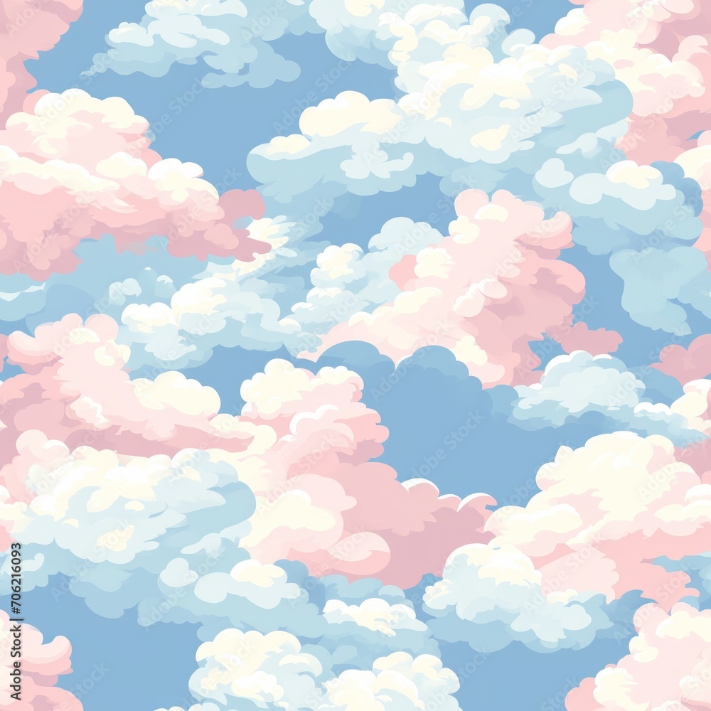 Seamless Patterns for prints | Cloudy Daydream 2D Illustration: Fluffy clouds in various shapes and sizes, creating a dreamy and imaginative landscape.