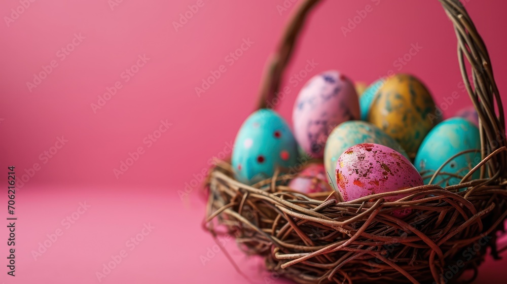 a wicker basket filled with painted eggs on a pink surface with a pink wall in the backround. a wicker basket filled with painted eggs on a pink surface with a pink wall in the backround.