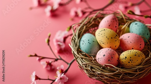  a bird's nest filled with painted eggs on top of a pink surface next to a branch with pink flowers.