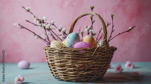  a basket filled with eggs sitting on top of a blue table next to a bunch of baby's breath flowers.