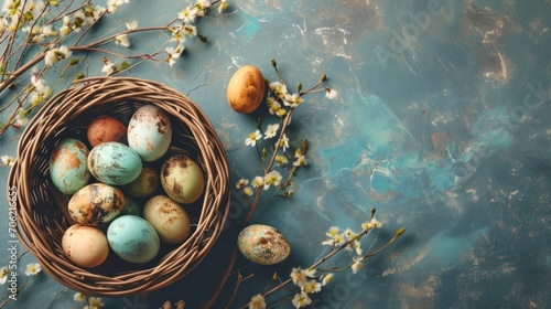Tableau sur toile a basket filled with eggs sitting on top of a blue table next to a branch of a blossomy twig