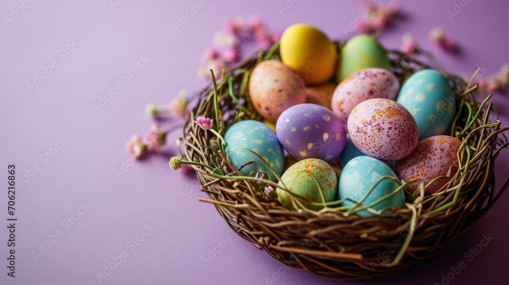 a basket filled with lots of colorful eggs on top of a purple surface with sprinkles on the eggs. a basket filled with lots of colorful eggs on top of a purple surface with sprinkles on the eggs.