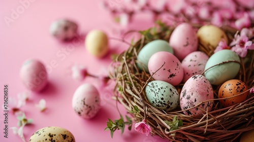  a bird's nest filled with eggs on top of a pink surface next to small pink and white flowers.
