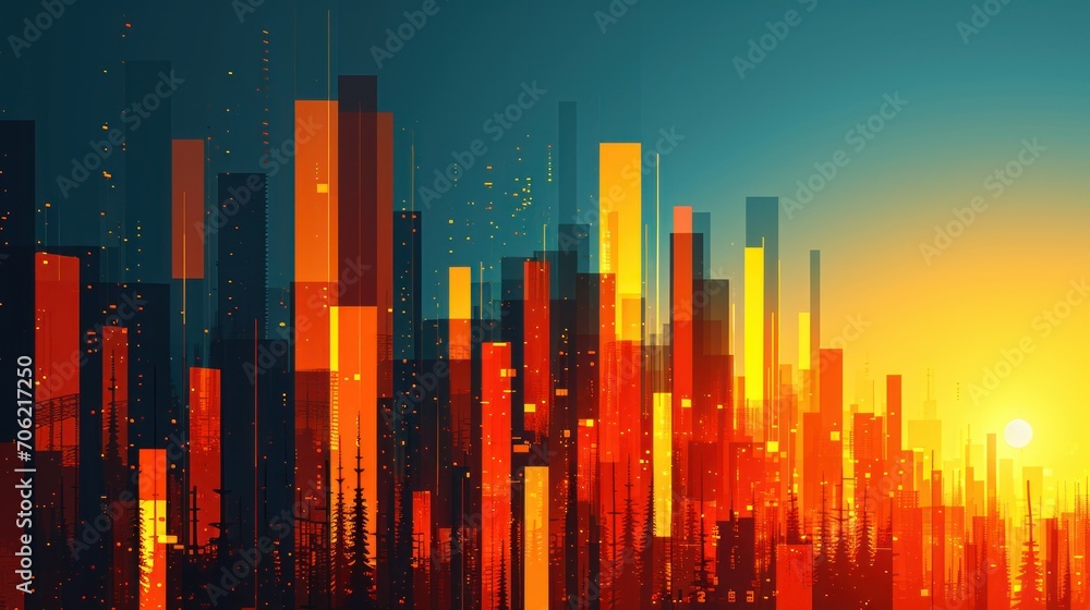  an orange and blue cityscape is shown with the sun in the middle of the city and buildings in the background.