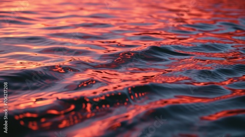  a close up of a body of water with a red sky in the background and water ripples in the foreground.