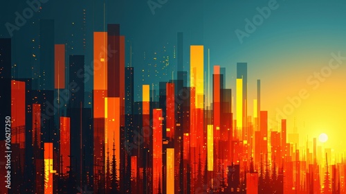  an orange and blue cityscape is shown with the sun in the middle of the city and buildings in the background.
