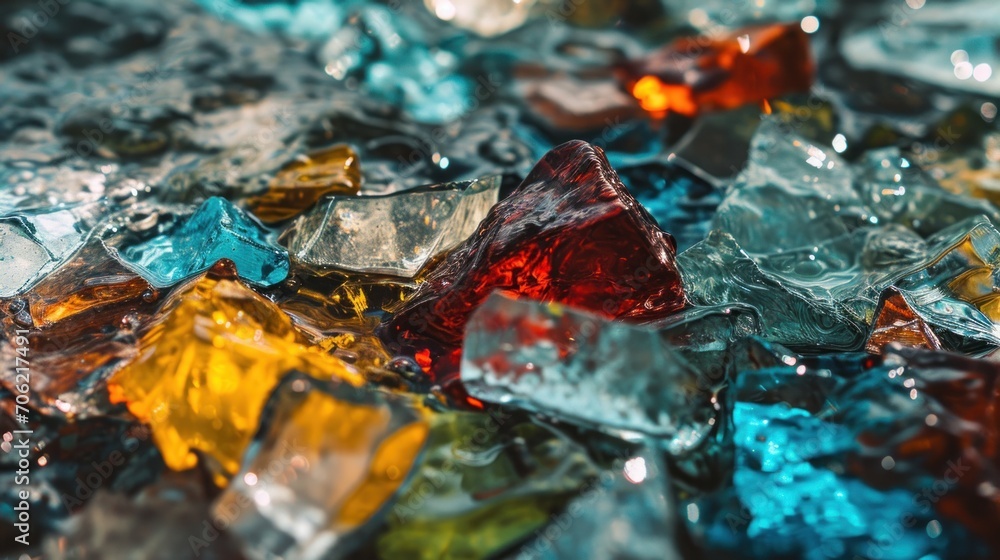 a close up of a bunch of different colored pieces of glass that are on top of a bed of ice. a close up of a bunch of different colored pieces of glass that are on top of a bed of ice.