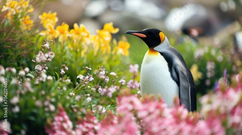  a close up of a penguin in a field of flowers with a blurry background of yellow and pink flowers.