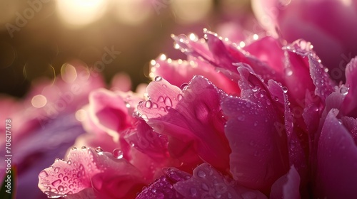  a close up of a pink flower with drops of water on the petals and the sun shining in the background.