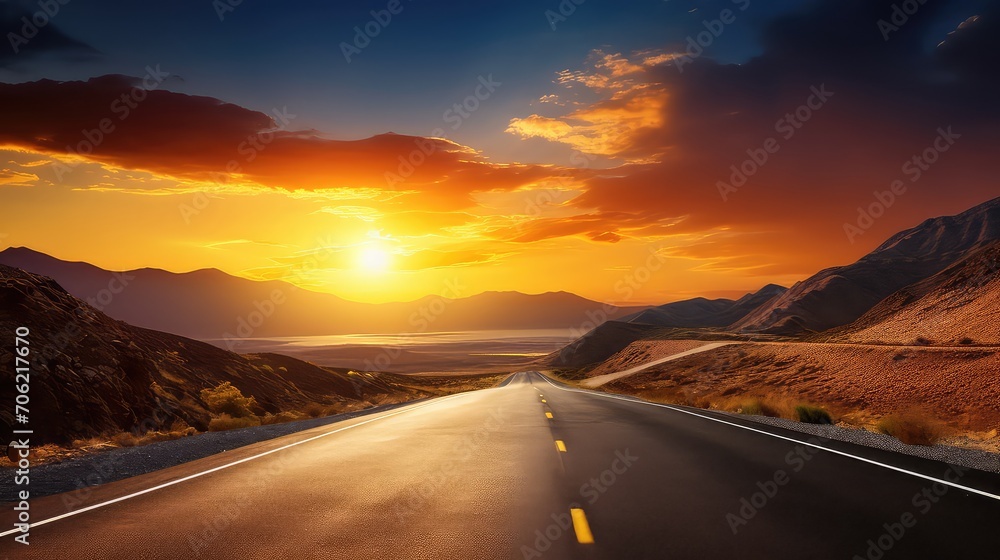Asphalt road through the desert at sunset