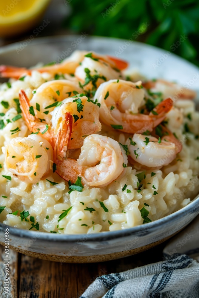 Creamy Shrimp Risotto with Sprinkled Parsley in a Bowl on Wooden Table Creamy Shrimp Risotto with Sprinkled Parsley in a Bowl on Wooden Table