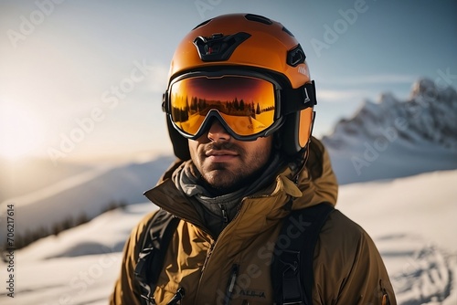 The winter sun casts a warm glow on the snow-covered landscape as a man in full winter gear stands proudly with his snowboard. © Naveen