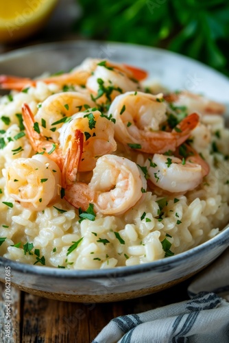 Creamy Shrimp Risotto with Sprinkled Parsley in a Bowl on Wooden Table