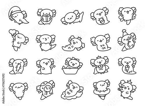 Cute kawaii baby axolotl. Coloring Page. Cartoon funny animals character. Hand drawn style. Vector drawing. Collection of design elements.