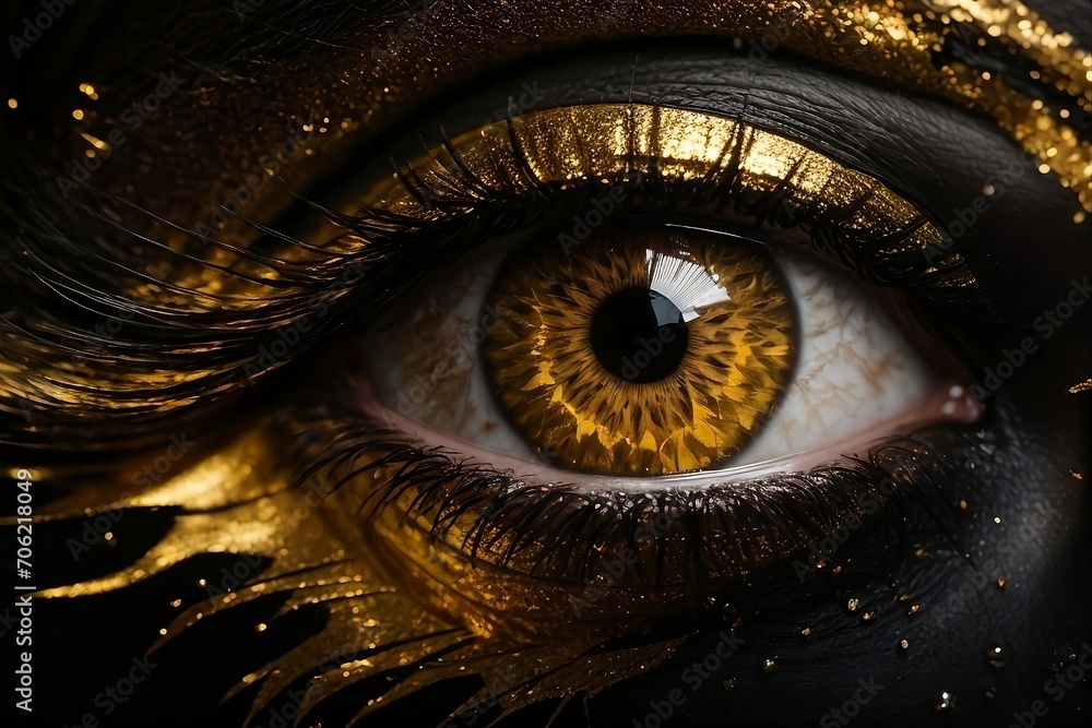A stunning, high-resolution image of a mesmerizing gold and black eye against a sleek black background, rendered in a bold and dynamic style - obrazy, fototapety, plakaty 