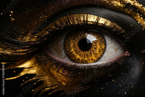 A stunning, high-resolution image of a mesmerizing gold and black eye against a sleek black background, rendered in a bold and dynamic style photo