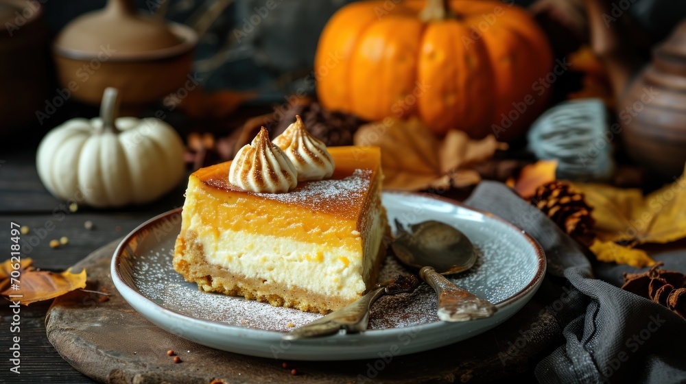 a slice of pumpkin cheesecake on a plate with a spoon and pumpkins in the background on a wooden table. a slice of pumpkin cheesecake on a plate with a spoon and pumpkins in the background on a wooden table.