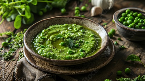  a bowl of pea and pea soup on a wooden table next to a bowl of peas and pea sprouts.