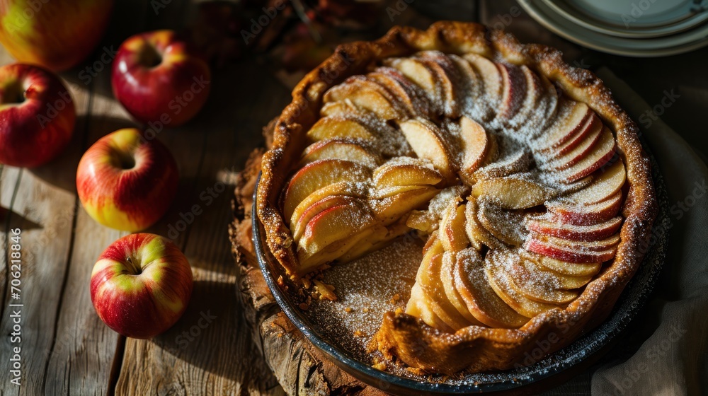 a pie sitting on top of a wooden table next to a pile of apples on top of a wooden table. a pie sitting on top of a wooden table next to a pile of apples on top of a wooden table.