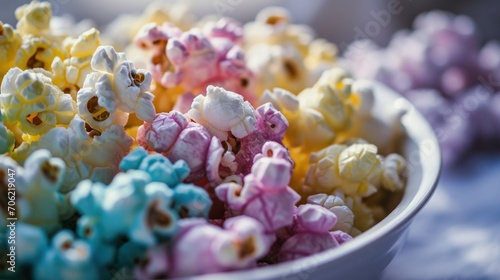  a bowl filled with colorful popcorn sitting on top of a blue and white table cloth next to another bowl filled with popcorn.