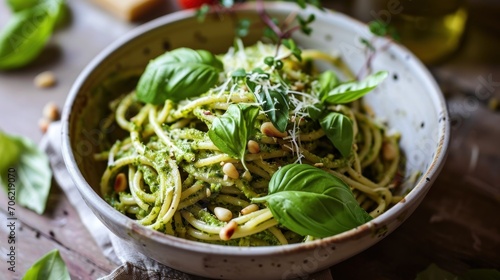  a white bowl filled with pesto pasta and topped with fresh basil leaves and pine nuts on top of a wooden table.