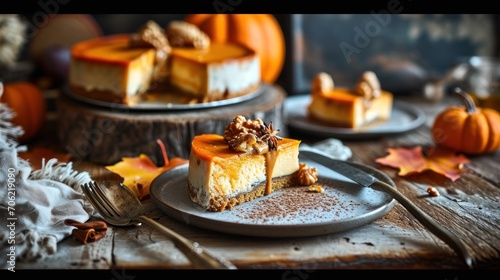  a slice of pumpkin cheesecake on a plate next to a fork and a plate with a slice of cheesecake on it.