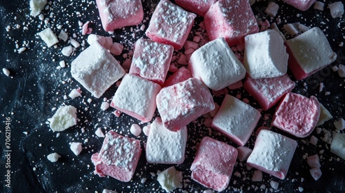  a pile of pink and white marshmallows sitting on top of a black surface with sprinkles. photo