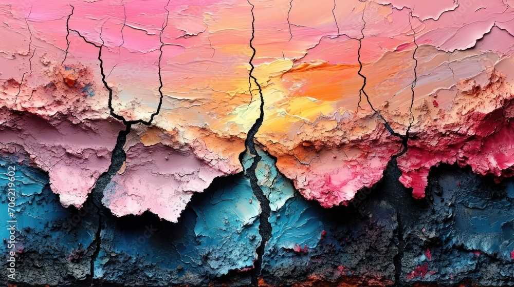  a close up of a piece of art that looks like it has been painted pink, blue, and yellow.