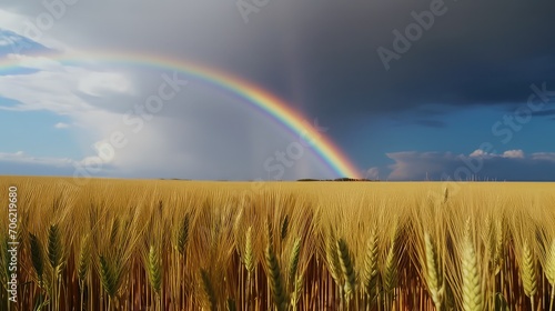 Rainbow over wheat field and blue sky